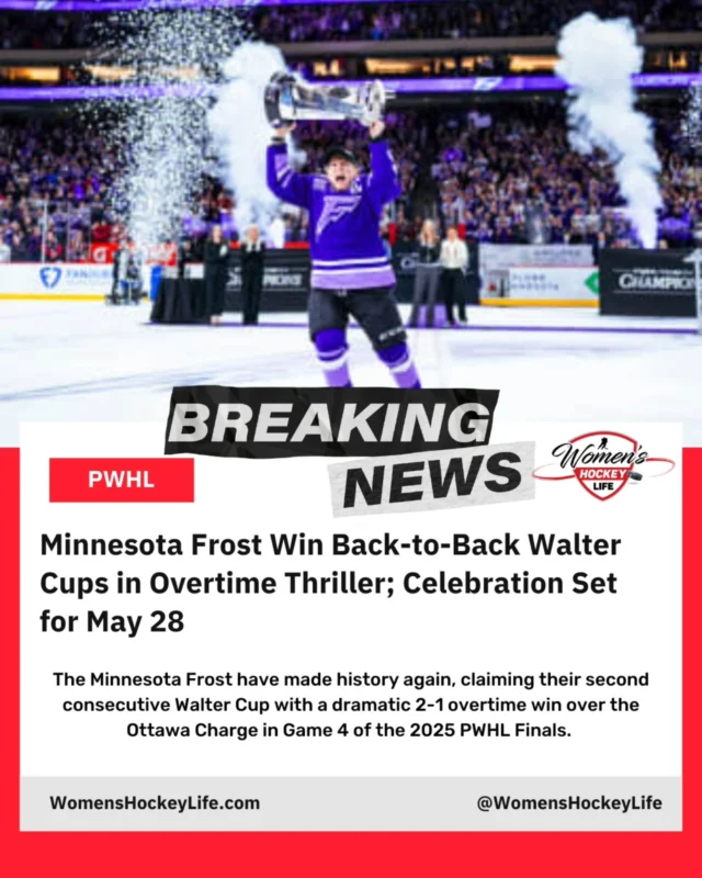 🏆 In front of a roaring home crowd of 11,024 at Xcel Energy Center, Liz Schepers etched her name into the record books for the second straight year, scoring the championship-winning goal in overtime—just as she did in 2024.🤩 🏒 

Read more here ➡️ LINK IN BIO + Story 

#WomensHockeyLife #PWHL #WalterCup #WomensHockey #HockeyChampionship #ProHockey #MinnesotaFrost #WomenInSport #HockeyNews #AroundTheRink